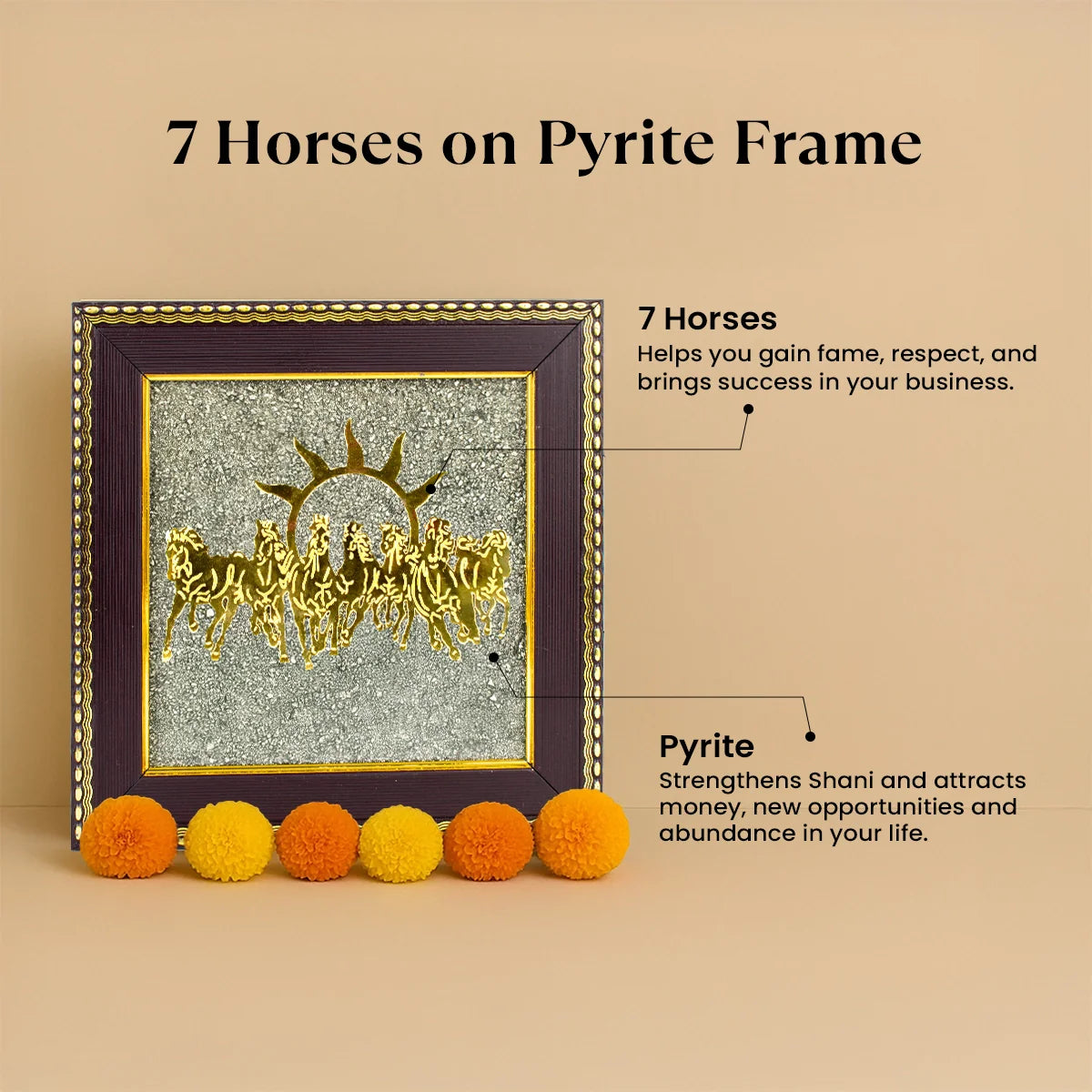 7 Horses Raw Pyrite Frame with Vyapar Vriddhi Frame Combo