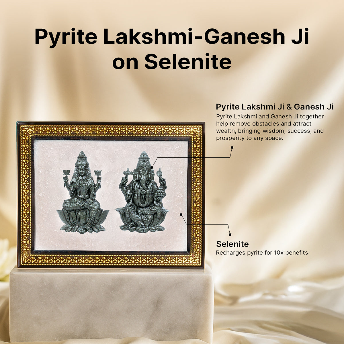 Pyrite Lakshmi - Ganesh Ji on Selenite Frame